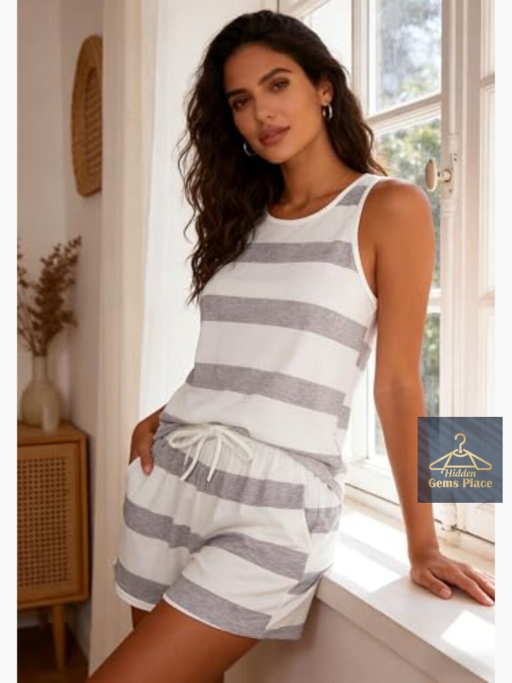 Women's 2 Piece Striped Pajama Set Sleeveless Top Shorts Loungewear S-XL - Picture 3 of 7